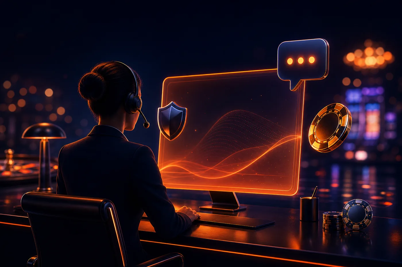 Conseillère du service client Nine Casino avec un casque, prête à répondre aux joueurs